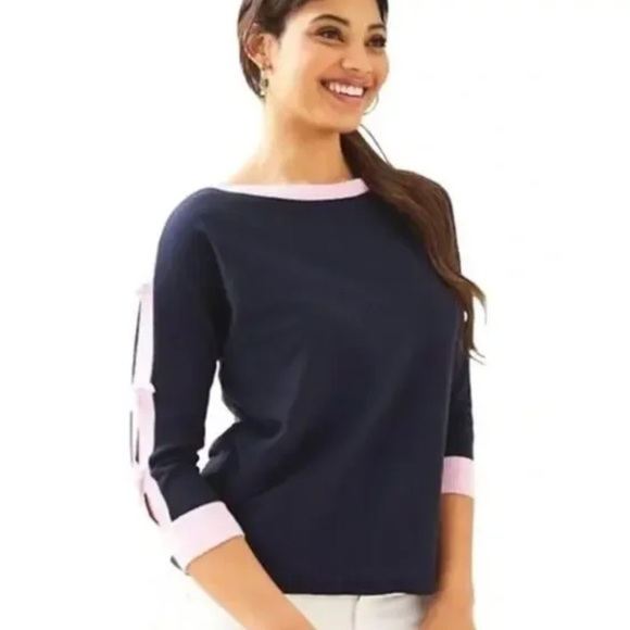 Lilly Pulitzer Larabee Coolmax Navy Blue and Pink Sweater with Bow Sleeved - Picture 1 of 8